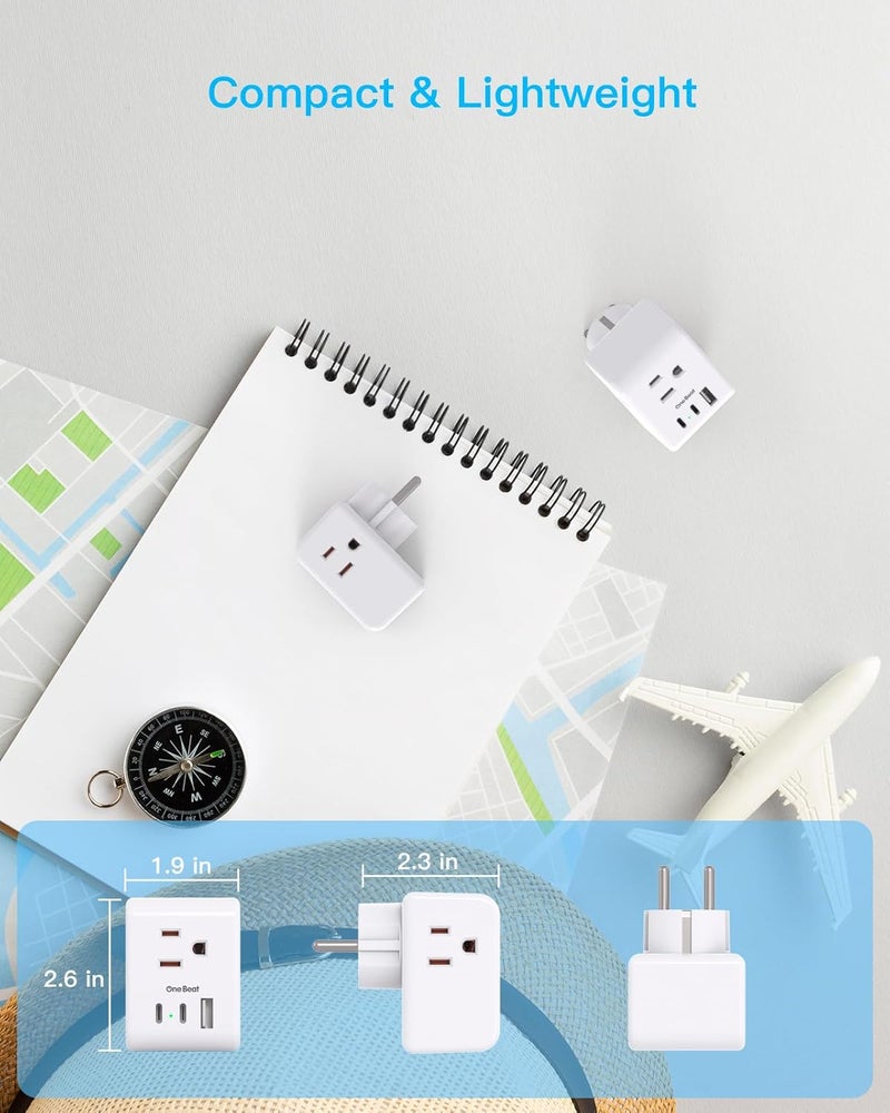 One Beat 2 Pack Germany France Travel Plug Adapter with 3 Outlets 1 USBA 2 USB C, Type E/F International Power Adapter, Travel Essentials US to Europe France Germany South Korea Netherlands - Image 3